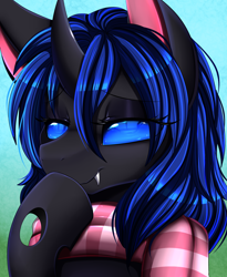 Size: 1446x1764 | Tagged: safe, artist:pridark, oc, oc only, oc:swift dawn, changeling, blue background, blue changeling, blue eyes, bust, changeling oc, clothes, eyebrows, eyebrows visible through hair, eyelashes, eyeliner, eyeshadow, fangs, femboy, gradient background, green background, hoof over mouth, horn, lidded eyes, looking at you, makeup, male, portrait, raffle prize, scarf, simple background, smiling, smiling at you, solo, stallion, trap