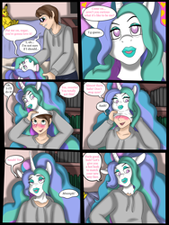 Size: 3000x4000 | Tagged: safe, artist:axelferdinan, artist:beholdervee, princess celestia, human, pikachu, g4, bedroom eyes, bimbo, bimbo celestia, bimboification, blushing, body control, clothes, comic, commission, dialogue, digital art, heart eyes, high res, human to anthro, living latex, looking at each other, looking at someone, male, male to female, mask, masking, open mouth, rule 63, solo, speech bubble, talking, text, transformation, transgender transformation, wingding eyes
