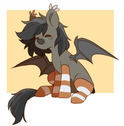 Size: 1144x1162 | Tagged: safe, artist:cheekipone, oc, oc only, oc:kesmot, bat pony, pony, bat pony oc, bat wings, chibi, clothes, cute, cute little fangs, eyes closed, fangs, freckles, male, simple background, socks, solo, stallion, stockings, striped socks, thigh highs, white background, wings