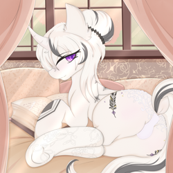 Size: 3000x3000 | Tagged: safe, artist:munrei, oc, oc only, oc:chloe white, pony, unicorn, bed, bedroom, book, butt, clothes, commission, female, hair jewelry, high res, horn, lace, looking at you, lying, lying down, lying on bed, on bed, plot, solo, stockings, thigh highs, underwear, window