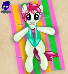 Size: 3840x4154 | Tagged: safe, artist:damlanil, oc, oc:frothy, inflatable pony, latex pony, original species, pegasus, pony, pooltoy pony, beach, beach towel, clothes, commission, cute, female, happy, inflatable, latex, latex suit, mare, one-piece swimsuit, onomatopoeia, ponified, pool toy, rubber, sand, shiny, shiny mane, smiling, squeak, story, story included, suit, swimsuit