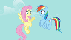 Size: 1920x1080 | Tagged: safe, screencap, fluttershy, rainbow dash, pegasus, pony, daring don't, g4, season 4, cloud, duo, duo female, female, flying, grin, mare, sky, smiling, spread wings, wings