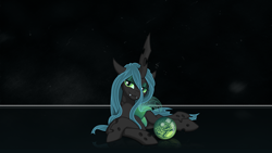 Size: 1920x1080 | Tagged: safe, artist:alphamuppet, queen chrysalis, changeling, changeling queen, g4, female, looking at you, lying down, simple background, solo, wallpaper