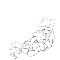 Size: 3000x3000 | Tagged: safe, artist:bloodymrr, fluttershy, rainbow dash, pegasus, pony, g4, cuddling, female, floppy ears, flower, high res, lesbian, ship:flutterdash, shipping, sketch, sleeping, sleeping together, sleepy, wingding eyes, wings