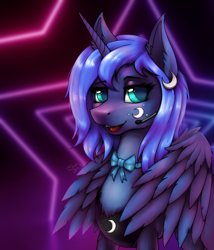 Size: 1080x1260 | Tagged: safe, artist:shamziwhite, princess luna, alicorn, pony, g4, bowtie, bust, chest fluff, fanart, feathered wings, female, horn, open mouth, portrait, smiling, solo, standing, wings