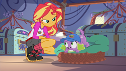 Size: 1920x1080 | Tagged: safe, screencap, spike, spike the regular dog, sunset shimmer, dog, equestria girls, g4, my little pony equestria girls: legend of everfree, boots, camp everfree outfits, clothes, denim shorts, shoes, shorts, socks, tent