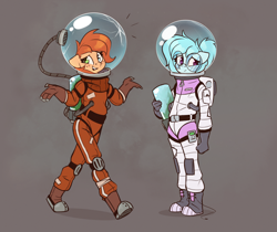 Size: 2010x1685 | Tagged: safe, artist:rexyseven, oc, oc:rusty gears, oc:whispy slippers, anthro, bubble helmet, duo, space helmet, spacesuit