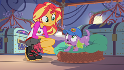 Size: 1920x1080 | Tagged: safe, screencap, spike, spike the regular dog, sunset shimmer, dog, equestria girls, g4, my little pony equestria girls: legend of everfree, boots, camp everfree outfits, clothes, denim shorts, looking at each other, looking at someone, shoes, shorts, socks, tent