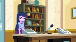 Size: 1904x1064 | Tagged: safe, screencap, twilight sparkle, equestria girls, g4, my little pony equestria girls, celestia's office, desk, solo