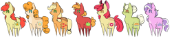 Size: 2189x504 | Tagged: safe, artist:radpanda426, apple bloom, applejack, big macintosh, bright mac, diamond tiara, granny smith, pear butter, earth pony, pony, g4, chibi, female, filly, male, mare, simple background, stallion, transparent background