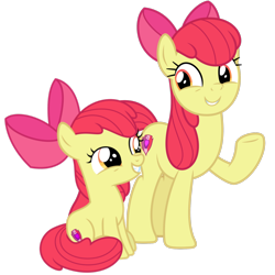 Size: 2048x2048 | Tagged: safe, artist:media1997, artist:sketchmcreations, artist:timeymarey007, apple bloom, earth pony, pony, g4, apple bloom's bow, bow, duality, duo, duo female, female, filly, foal, grin, hair bow, high res, mare, raised hoof, self paradox, self ponidox, simple background, sitting, smiling, time paradox, transparent background, vector