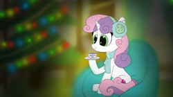 Size: 1903x1063 | Tagged: safe, artist:_rynn, sweetie belle, pony, unicorn, g4, blurry background, christmas, christmas lights, christmas tree, clothes, couch, cup, cute, cutie mark, ear fluff, female, fireplace, food, headphones, holiday, scarf, solo, tea, tinsel, tree, window