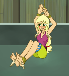 Size: 1447x1586 | Tagged: safe, artist:nie-martw-sie-o-mnie, part of a set, applejack, equestria girls, g4, ankle tied, armpit tickling, armpits, barefoot, blushing, bondage, bound wrists, clothes, feather, feet, female, fetish, foot fetish, grin, rope, rope bondage, set:rainbooms in bondage, smiling, soles, solo, tickle torture, tickling, toes