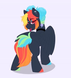 Size: 3698x4096 | Tagged: safe, artist:rand-dums, oc, oc only, pegasus, pony, choker, female, looking back, multicolored hair, open mouth, piercing, simple background, solo, tongue out, tongue stud