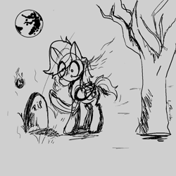 Size: 1000x1000 | Tagged: safe, artist:igorbanette, oc, oc only, oc:thorn darkness, pegasus, pony, gravestone, mare in the moon, moon, sketch, solo, tree, wisp