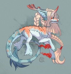 Size: 772x803 | Tagged: safe, oc, oc only, chinese dragon, dragon, hybrid, original species, pony, unicorn, adoptable, another author, auction, braid, design, dragon tail, fluffy, long mustache, magic, many horns, tail