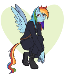 Size: 1107x1297 | Tagged: safe, artist:meliciamelano, rainbow dash, anthro, plantigrade anthro, g4, boots, clothes, crouching, looking at you, shoes, simple background, smiling, solo, wings