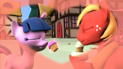 Size: 852x477 | Tagged: safe, artist:kwark85, big macintosh, twilight sparkle, g4, 3d, cupcake, female, food, magic, male, ship:twimac, shipping, source filmmaker, straight