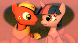 Size: 852x478 | Tagged: safe, artist:kwark85, big macintosh, twilight sparkle, g4, 3d, female, looking at each other, looking at someone, male, ship:twimac, shipping, source filmmaker, stallion, straight