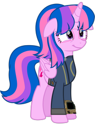 Size: 6312x8231 | Tagged: safe, artist:php170, oc, oc only, oc:hsu amity, alicorn, pony, fallout equestria, all bottled up, g4, :t, absurd resolution, alicorn oc, clothes, cute, fallout, female, floppy ears, folded wings, full body, glasses, horn, jumpsuit, mare, multicolored mane, multicolored tail, not twilight sparkle, pipboy, purple eyes, show accurate, simple background, smiling, solo, standing, tail, transparent background, vault suit, vector, wings
