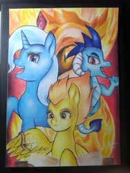 Size: 3120x4160 | Tagged: safe, artist:shadowingartist, daybreaker, princess ember, spitfire, trixie, dragon, pony, g4, book, fire