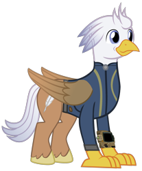 Size: 2354x2842 | Tagged: safe, artist:php170, oc, oc only, oc:silver quill, classical hippogriff, hippogriff, fallout equestria, clothes, fallout, high res, hippogriff oc, jumpsuit, male, pipboy, simple background, solo, transparent background, vault suit, vector, wings
