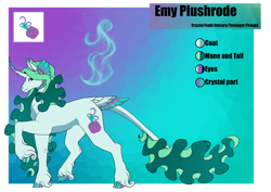Size: 1024x725 | Tagged: safe, artist:oneiria-fylakas, oc, oc only, oc:emy plushrode, classical unicorn, pony, unicorn, cloven hooves, curved horn, female, horn, leonine tail, mare, reference sheet, solo, tail, tail feathers, unshorn fetlocks