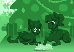 Size: 3508x2480 | Tagged: safe, artist:jackiebloom, oc, oc:felix genimen, oc:twilight moonstone, hippogriff, pony, comic:...stay?, book, christmas, christmas tree, female, filly, greenscale, high res, holiday, lying down, magical lesbian spawn, monochrome, offspring, parent:rarity, parent:twilight sparkle, parents:rarilight, present, prone, starry eyes, tree, wingding eyes