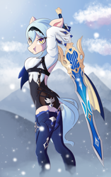 Size: 2868x4580 | Tagged: safe, artist:qbellas, anthro, clothes, crossover, dragonspine, eula (genshin impact), genshin impact, looking at you, mountain, snow, solo, sword, weapon