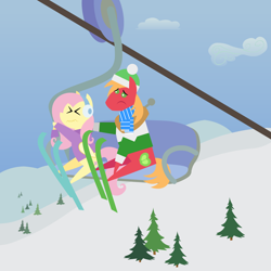 Size: 2160x2160 | Tagged: safe, anonymous artist, big macintosh, fluttershy, earth pony, pegasus, pony, series:fm holidays, series:hearth's warming advent calendar 2021, g4, acrophobia, advent calendar, christmas, clothes, earmuffs, female, frown, hat, high res, holiday, lineless, male, mare, pine tree, pointy ponies, scared, scarf, ship:fluttermac, shipping, ski lift, skis, snow, stallion, straight, sweater, tree, wavy mouth, winter outfit