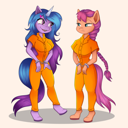 Size: 3000x3000 | Tagged: safe, artist:percibey, izzy moonbow, sunny starscout, earth pony, unicorn, anthro, digitigrade anthro, g5, my little pony: a new generation, bad end, clothes, cuffs, duo, high res, prison outfit, prisoner, prisoner im, prisoner ss, varying degrees of want