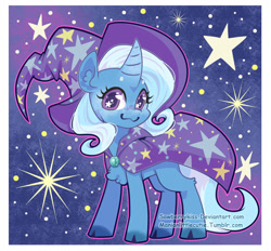 Size: 1024x951 | Tagged: safe, artist:sawberrykiss, trixie, pony, unicorn, g4, :3, beanbrows, cape, chest fluff, clothes, cloven hooves, cute, diatrixes, ear fluff, eyebrows, female, happy, hat, looking at you, mare, smiling, solo, trixie's cape, trixie's hat