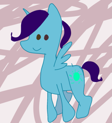 Size: 921x1014 | Tagged: artist needed, source needed, safe, oc, oc only, oc:green hair, alicorn, pony, 1000 hours in ms paint, alicorn oc, broken anatomy, heterochromia, horn, solo, striped background, wat, weird anatomy, wings