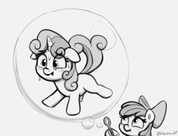 Size: 1758x1342 | Tagged: safe, artist:heretichesh, apple bloom, sweetie belle, earth pony, pony, unicorn, g4, :t, bubble, bubble wand, duo, female, filly, floppy ears, grayscale, hoof hold, magnetic hooves, monochrome, nervous sweat, sweat, trapped