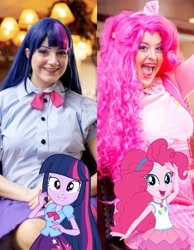 Size: 1717x2217 | Tagged: safe, artist:sarahndipity cosplay, artist:shelbeanie, pinkie pie, twilight sparkle, human, equestria girls, g4, clothes, cosplay, costume, irl, irl human, photo