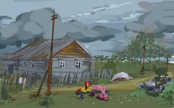 Size: 1920x1200 | Tagged: safe, artist:alexandrvirus, apple bloom, pinkie pie, earth pony, pony, g4, pinkie apple pie, bench, car, cloud, cloudy, countryside, cousins, detailed background, female, fence, filly, hanging out, house, mare, pinkie being pinkie, russia, scenery, shack, storm, telephone lines, telephone pole, upside down