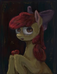 Size: 1569x2037 | Tagged: safe, artist:alexandrvirus, apple bloom, earth pony, pony, g4, apple, female, filly, food, freckles, solo