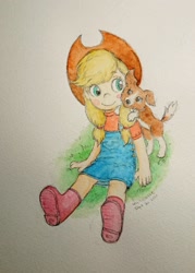 Size: 1463x2048 | Tagged: safe, artist:daisymane, applejack, winona, dog, human, g4, cute, humanized, jackabetes, smiling, traditional art, winonabetes, younger