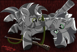 Size: 4704x3171 | Tagged: safe, artist:php178, derpibooru exclusive, oc, oc:lancer impalii, oc:xenith, zebra, fallout equestria, fallout equestria: project horizons, .svg available, :3, :d, alternate universe, burgundy, carpet, cel shading, chest fluff, cuddling, duo, ear fluff, fanfic art, female, floor, floppy ears, friendshipping, glyphmark, gun, happy, highlights, holding, hoof hold, hoof on cheek, hoof on face, hoof on head, inkscape, inscriptions, lancer's hunter rifle, lifted leg, looking at each other, looking at someone, lying down, lying on top of someone, male, male and female, mane, mare, mosin nagant, mosin nagant m31, nc-tv signature, oc x oc, open mouth, open smile, optical sight, prone, raised hoof, relaxing, rifle, shading, shipping, signature, simple background, small mouth, smiling, smiling at each other, sniper rifle, stallion, stallion oc, straight, strap, stripes, svg, tail, vector, watermark, weapon, xancer, zebra oc, zebra stripes
