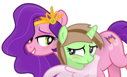 Size: 1929x1166 | Tagged: safe, artist:grapefruit-face, pipp petals, oc, oc:limey lulamoon, pegasus, pony, unicorn, g5, my little pony: a new generation, base used, blushing, crown, female, filly, hug, jewelry, looking at each other, looking at someone, parents:canon x oc, parents:grapexie, regalia, show accurate, simple background, transparent background, wholesome, winghug, wings