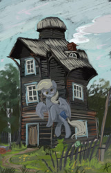 Size: 717x1114 | Tagged: safe, artist:alexandrvirus, derpy hooves, pegasus, pony, g4, barn, fence, flying, outdoors, painting, scenery, solo, texture, textured background