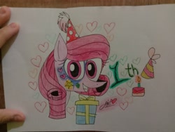 Size: 4160x3120 | Tagged: safe, artist:muhammad yunus, oc, oc only, oc:annisa trihapsari, earth pony, pony, female, gritted teeth, hat, heart, indonesia, looking at you, mare, party hat, solo, stars, traditional art