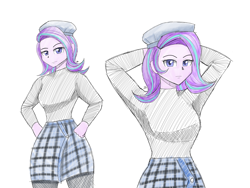 Size: 2400x1800 | Tagged: safe, artist:zachc, starlight glimmer, equestria girls, g4, alternate clothes, arm behind head, clothes, female, hat, looking at you, miniskirt, simple background, skirt, solo, white background
