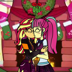 Size: 1280x1283 | Tagged: safe, artist:rdj1995, sour sweet, sunset shimmer, human, equestria girls, g4, christmas, christmas stocking, duo, female, holiday, kiss on the lips, kissing, lesbian, mistleholly, shipping, sourshimmer, wreath