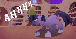 Size: 1280x670 | Tagged: safe, artist:mr100dragon100, twilight sparkle, hengstwolf, pony, unicorn, werewolf, twilight unbound, g4, golden oaks library, library, night, one eye closed, screaming, transformation, unicorn twilight