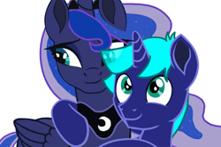 Size: 1080x719 | Tagged: safe, artist:dianamur, artist:twinet, edit, princess luna, oc, oc:eclipse (iwtfpl), alicorn, pony, unicorn, g4, base used, canon x oc, couple, duo, eye clipping through hair, guard, horn, hug, male, moon, original character do not steal, princess, shipping, simple background, smiling, white background