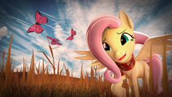 Size: 3840x2160 | Tagged: safe, artist:nebby14, fluttershy, butterfly, pegasus, pony, g4, 3d, 4k, clothes, farm, female, field, grass, grass field, happy, high res, mare, nature, poster, scarf, solo, source filmmaker, wallpaper