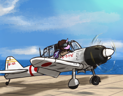 Size: 3000x2350 | Tagged: safe, artist:t72b, starlight glimmer, pony, unicorn, a6m, aircraft carrier, akagi, clothes, goggles, hat, high res, historical roleplay starlight, ijn akagi, imperial japanese navy, mitsubishi a6m zero, ocean, pearl harbor, pilot, plane, solo, world war ii