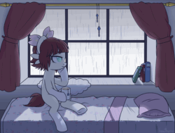 Size: 2000x1509 | Tagged: safe, artist:hawthornss, oc, oc only, oc:petal dance, animated, bed, book, bow, curtains, food, hair bow, pillow, rain, solo, tea, underhoof, window, wingding eyes, witchfae
