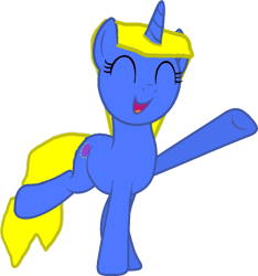 Size: 847x903 | Tagged: safe, artist:kayman13, oc, oc only, oc:kellen, pony, unicorn, 2022 community collab, derpibooru community collaboration, ^^, base used, extended trot pose, eyes closed, female, full body, horn, joyful, mare, open mouth, open smile, simple background, singing, smiling, solo, standing, standing on two hooves, tail, transparent background, unicorn oc, vector, yellow mane, yellow tail